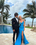 Elegant Blue V Neck Prom Dress With Split,Blue Ball Dresses