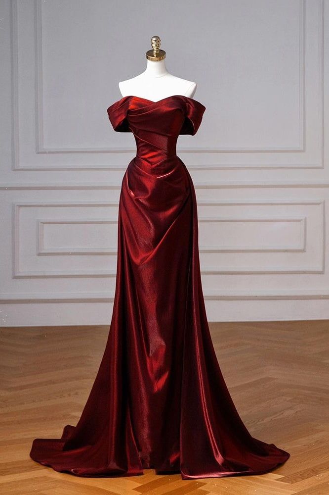 Burgundy Prom Dresses Off The Shoulder Draped Satin Floor Length Evening Dress