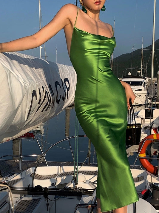 Green Sheath Stain Prom Dress Backless Sexy Party Outfits