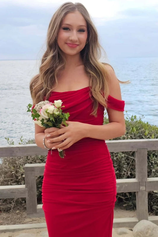 Red Off Shoulder Sheath Formal Prom Dress Tight Party Gown