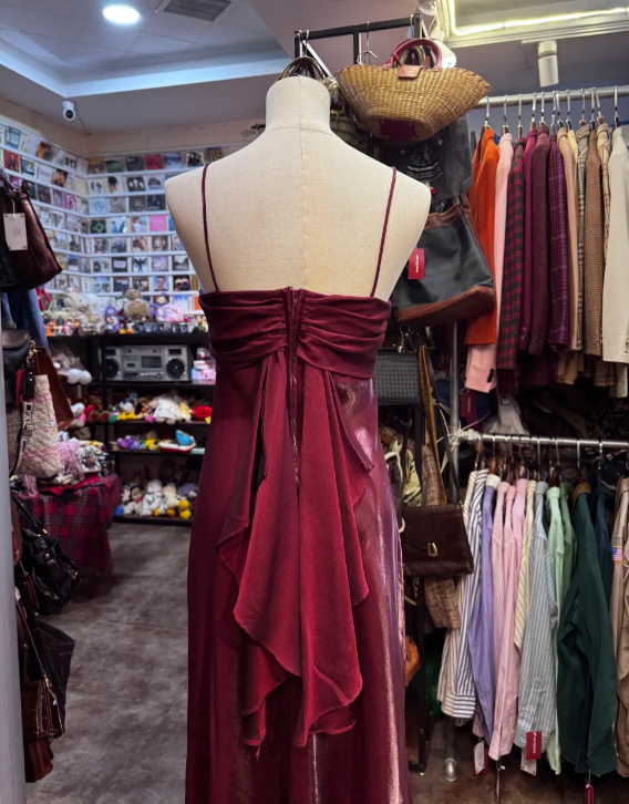 Vintage Spaghetti Straps Burgundy Prom Party Dress Formal Gown