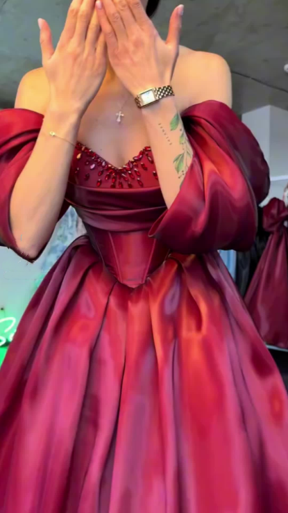 Burgundy Ball Gown Off The Shoulder Satin Beaded Puffed Sleeves Prom Gown