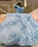 Gorgeous Light Blue Tulle Appliques Ball Gown Birthday Quinceanera Dress