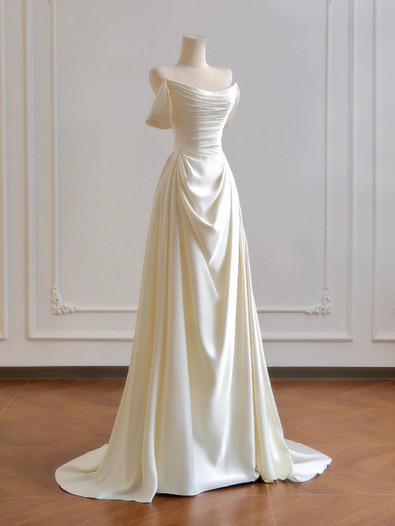 A-Line Off Shoulder Ruched Satin Wedding Dress Long Formal Dresses