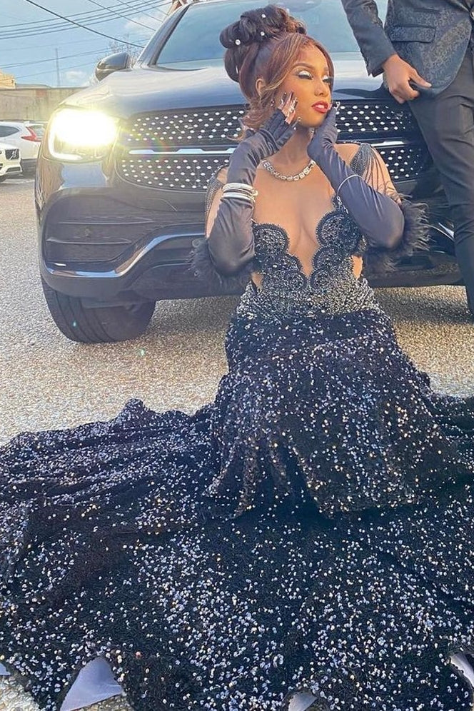 Sparkly Black Sequined Mermaid Long Prom Dresses with Crystal – jkprom