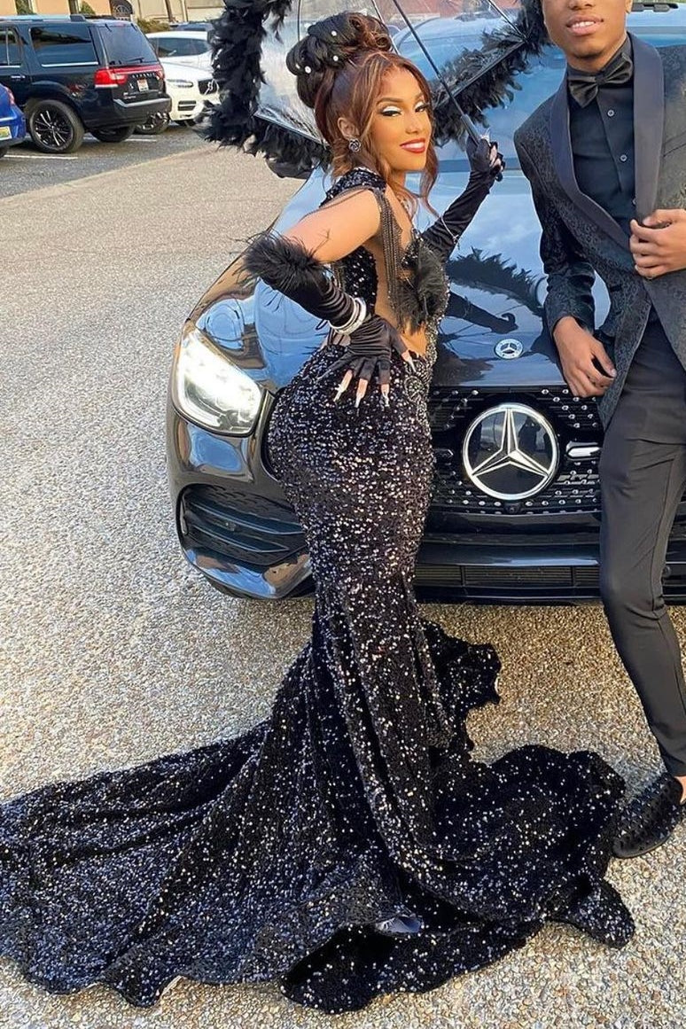 Sparkly Black Sequined Mermaid Long Prom Dresses with Crystal – jkprom
