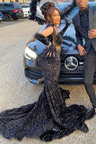 Sparkly Black Sequined Mermaid Long Prom Dresses with Crystal