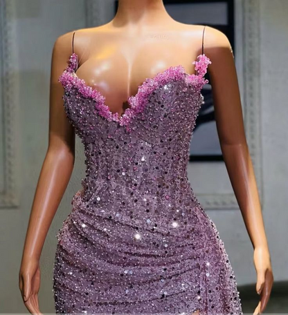 Purple High Split Evening Dresses Sequin Mermaid Prom Dress Long