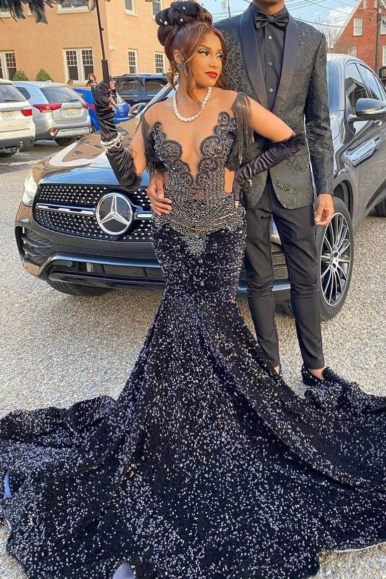 Sparkly Black Sequined Mermaid Long Prom Dresses with Crystal – jkprom