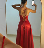 Red A Line Satin Long Prom Dress Formal Party Dresses