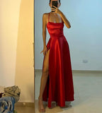 Red A Line Satin Long Prom Dress Formal Party Dresses