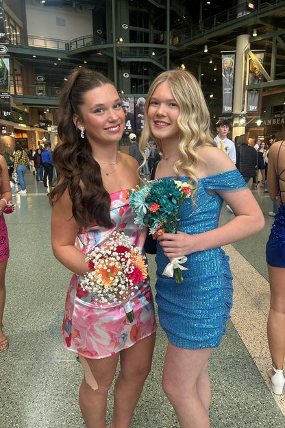 Off the Shoulder Pink Ruched Sequin Short Dresses Sparkly Dress Outfit