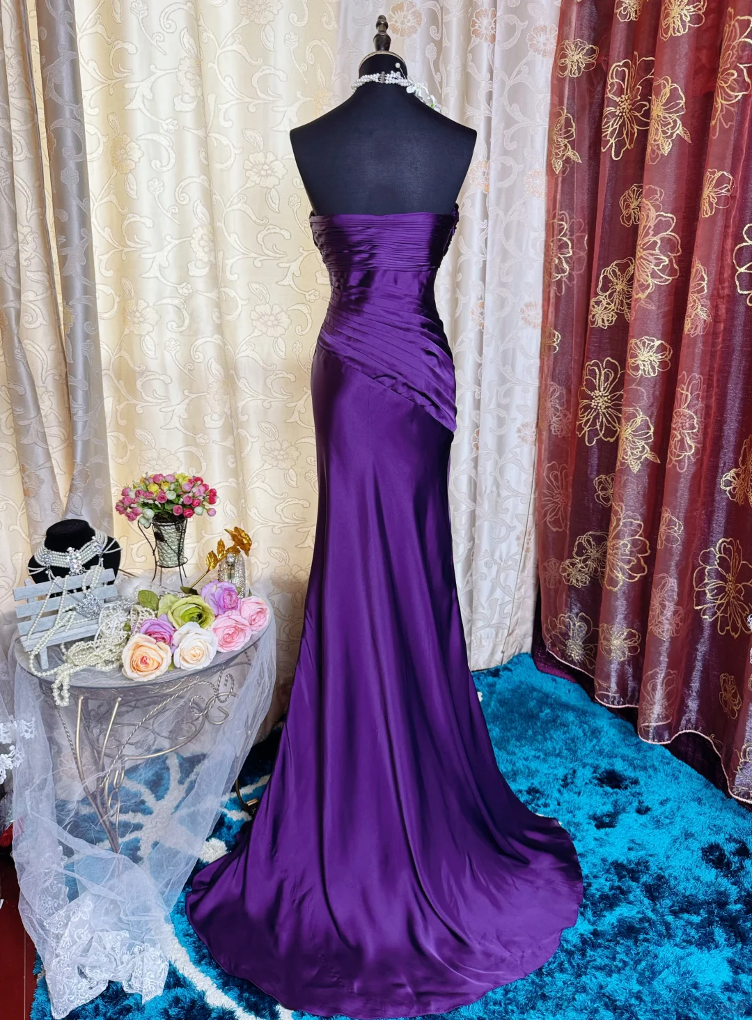 Sexy Spaghetti Straps Satin Pleated Slit Long Prom Dress Purple Mermaid Evening Gown
