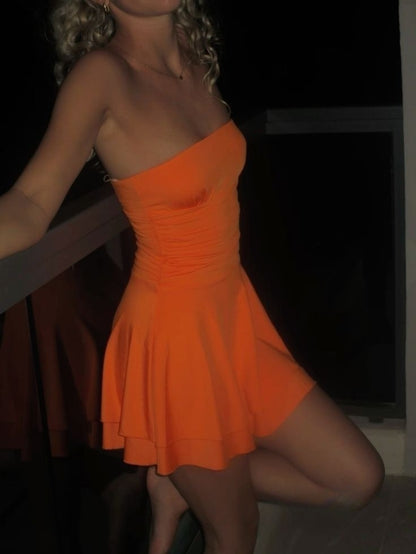 Fancy Orange Homecoming Dress Short Strapless Semi Formal Dresses