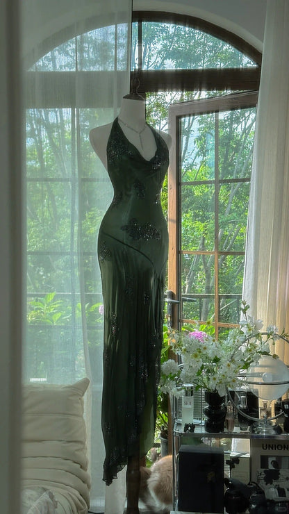 Green Halter Prom Party Dresses Unique Long Mermaid Evening Dress