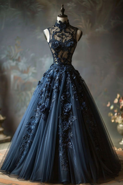 Vintage-inspired Navy Blue High-neck Ball Gown Dress Intricate Sheer Lace Appliques
