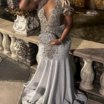 Silver Mermaid Crystal Prom Dress Long Special Occasion Dresses
