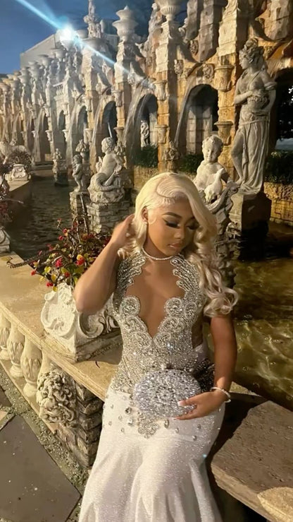 Silver Mermaid Crystal Prom Dress Long Special Occasion Dresses