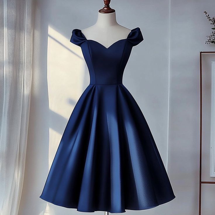 A-line Navy Blue Satin Homecoming Dresses Short Prom Dress