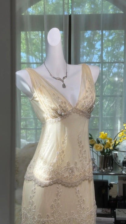Vintage V Neck Long Prom Dress Tiered Outfit Formal