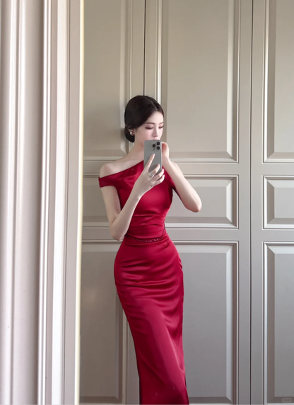 Elegant Burgundy Mermaid Maxi Dresses Satin Long Prom Dress