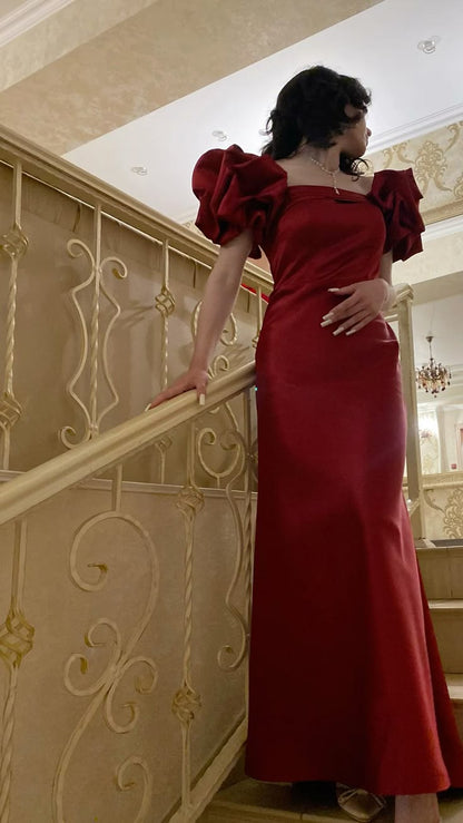 Burgundy Off Shoulder Prom Dress Long Satin Evening Party Dresses