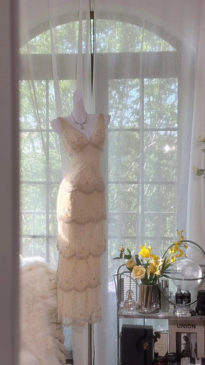 Vintage V Neck Long Prom Dress Tiered Outfit Formal
