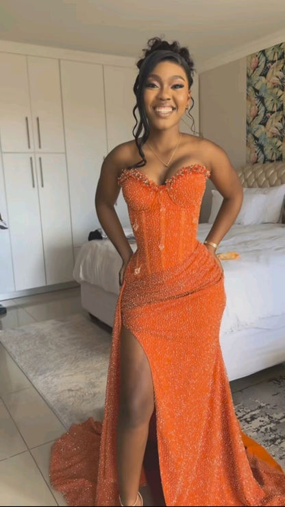 Orange Mermaid Long Prom Dress Evening Party Dresses with Slit