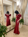 Burgundy Off Shoulder Prom Dress Long Satin Evening Party Dresses