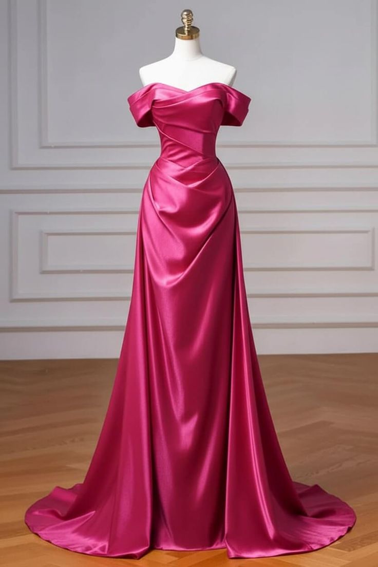 Burgundy Prom Dresses Off The Shoulder Draped Satin Floor Length Evening Dress
