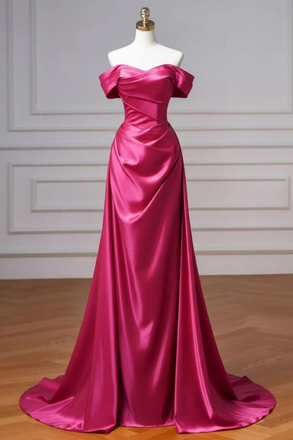 Burgundy Prom Dresses Off The Shoulder Draped Satin Floor Length Evening Dress