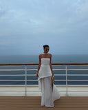 White Strapless Satin Chiffon Split Holiday Summer Prom Dress