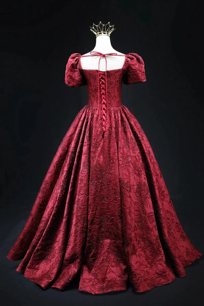 Vintage Square Neck Wine Red Prom Gown Short Sleeves Evening Party Gowns