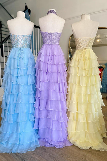 Elegant Ruffle Long Prom Dresses A Line High Slit Dress Outfit