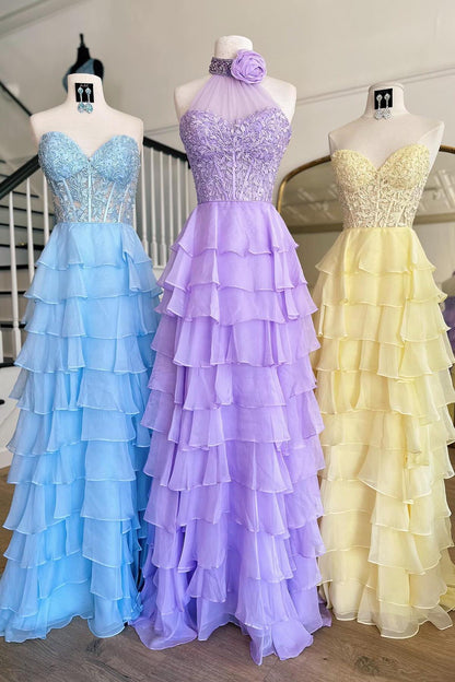 Elegant Ruffle Long Prom Dresses A Line High Slit Dress Outfit
