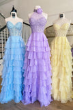 Elegant Lace and Chiffon Ruffle Long Prom Dress A Line