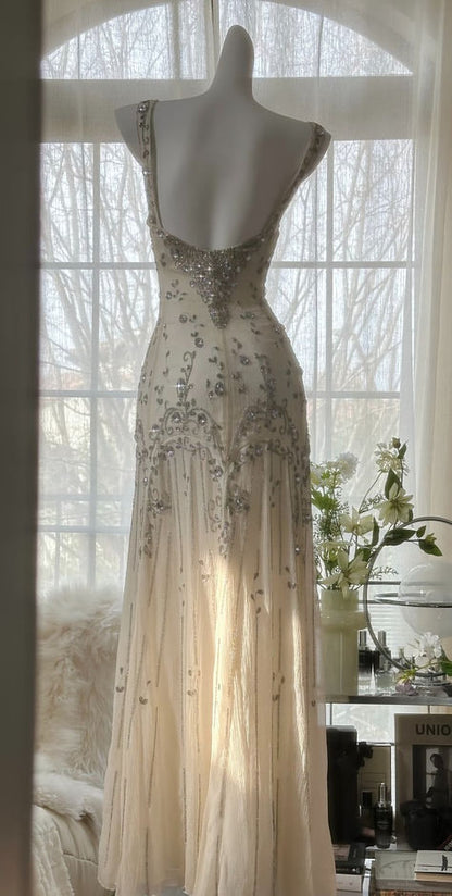 Luxury Straps Beaded Chiffon Long Prom Dress Open Back Formal Dresses