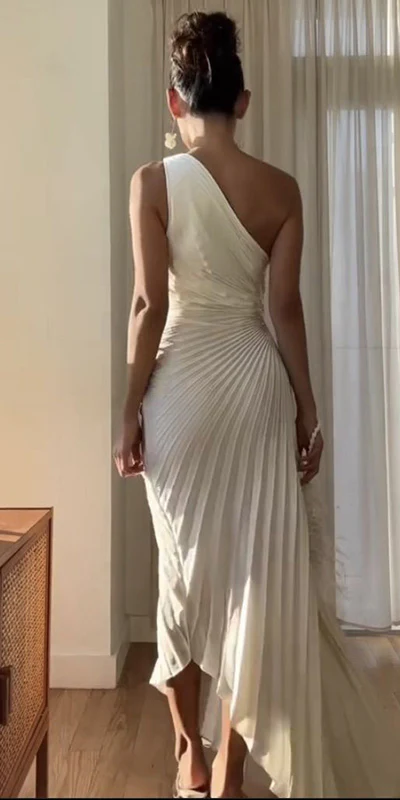 One Shoulder Mermaid Satin Prom Dresses Pleated Formal Party Gown