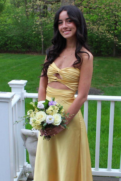 Knot Front Gold Satin Fitted Long Party Dress