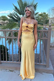 Knot Front Gold Satin Fitted Long Party Dress
