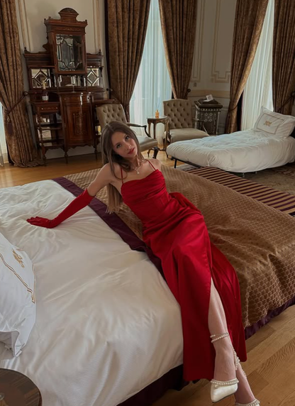 Elegant Red Sheath Long Evening Dress with Slit Spaghetti Strap Casual Prom Dresses