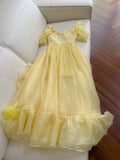 Classy A Line Yellow Long Prom Dress Ruffle Short Sleeves Graduation Outfit