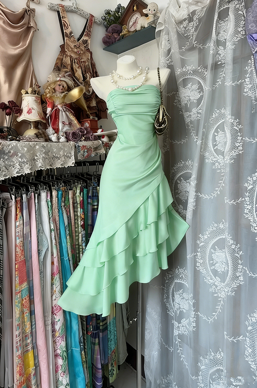 Champagne Strapless Satin Asymmetrical Maxi Ball Gown