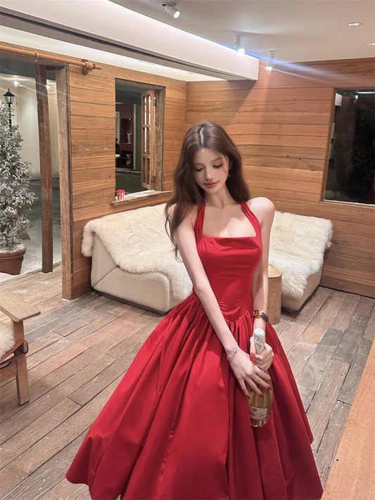 Halter A Line Satin Long Prom Dress Red Midi Evening Dresses Birthday Dress
