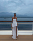 White Strapless Satin Chiffon Split Holiday Summer Prom Dress