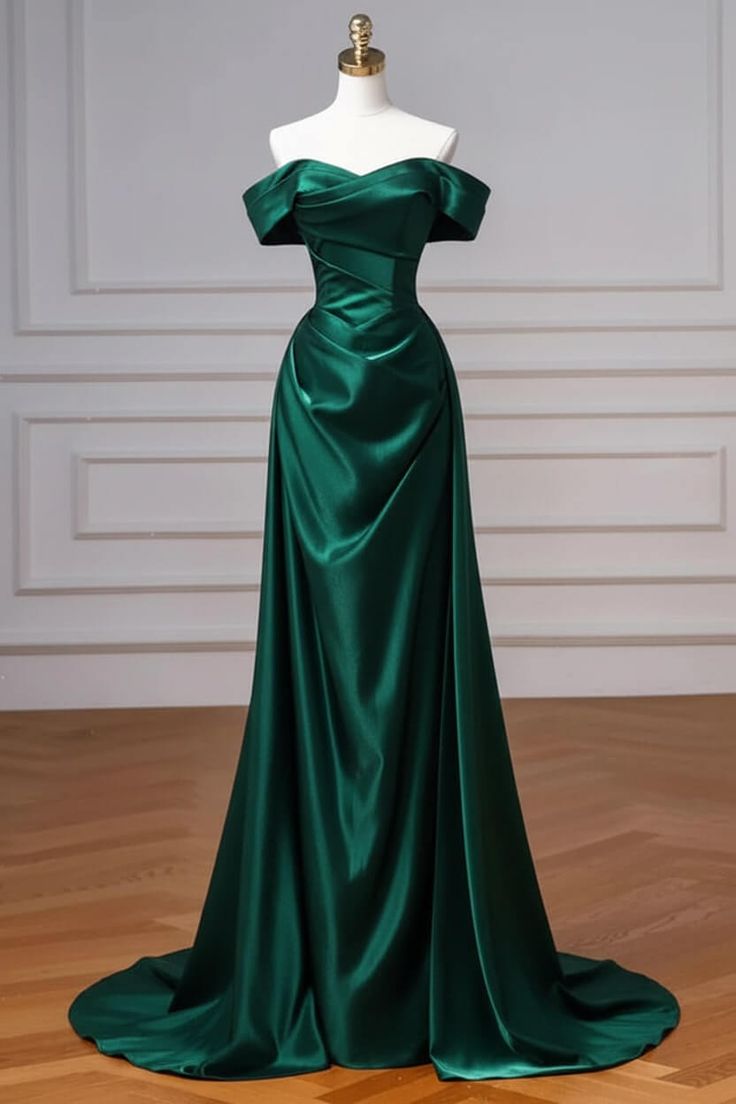 Burgundy Prom Dresses Off The Shoulder Draped Satin Floor Length Evening Dress