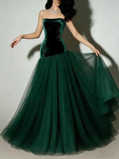 Vintage Mermaid Strapless Burgundy Tulle Long Prom Dresses 20th Birthday Outfits Evening Gown