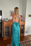Turquoise Twist Sheath Silk Long Formal Dresses for Party Events