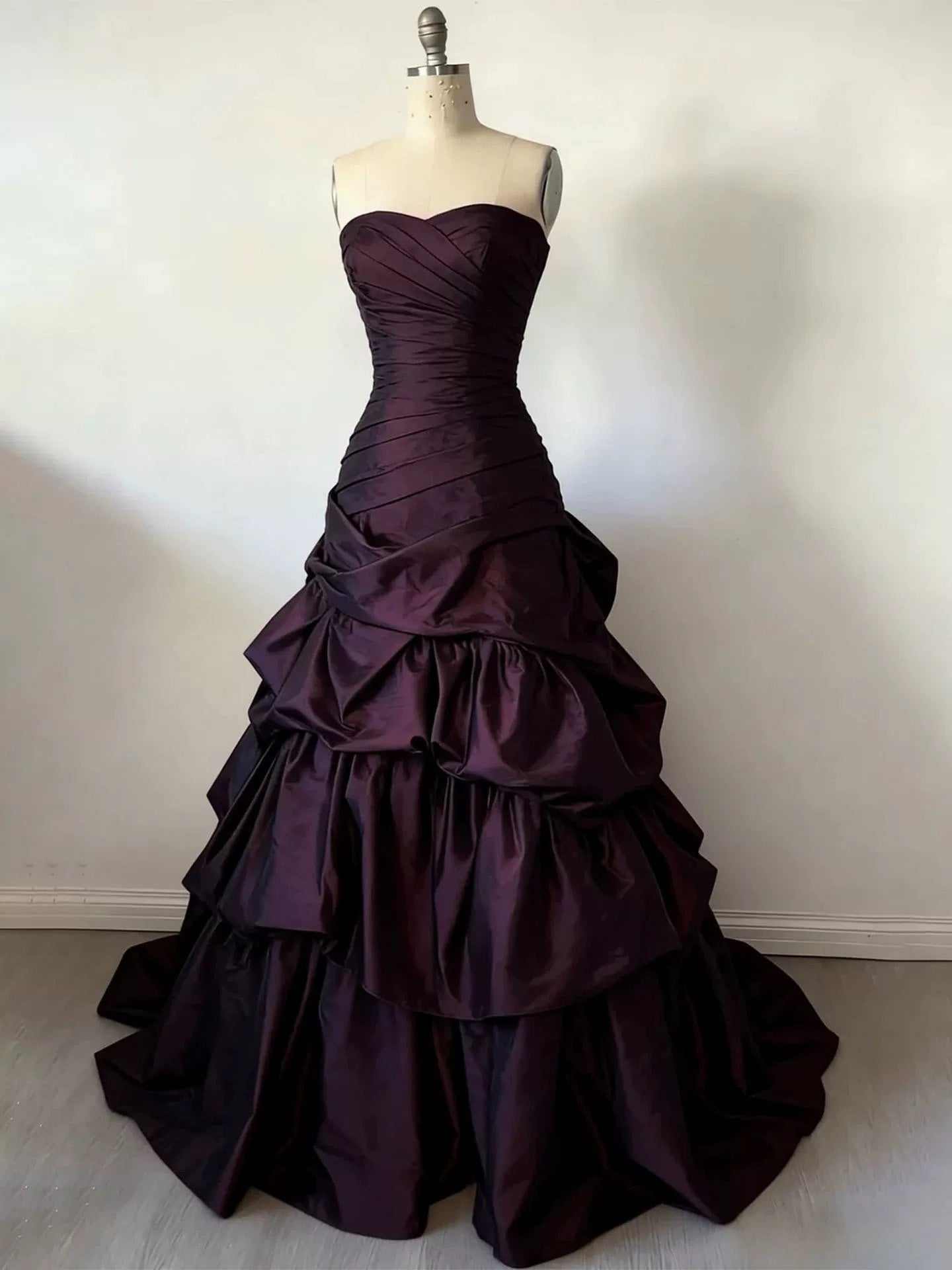 A-Line Sweetheart Ruched Bodice Ruffles Maroon Long Prom Dress