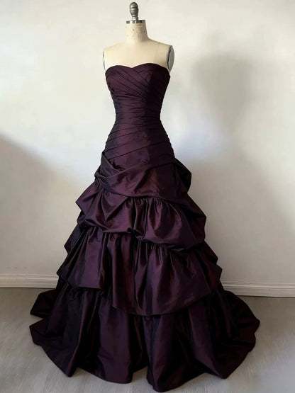 A-Line Sweetheart Ruched Bodice Ruffles Maroon Long Prom Dress